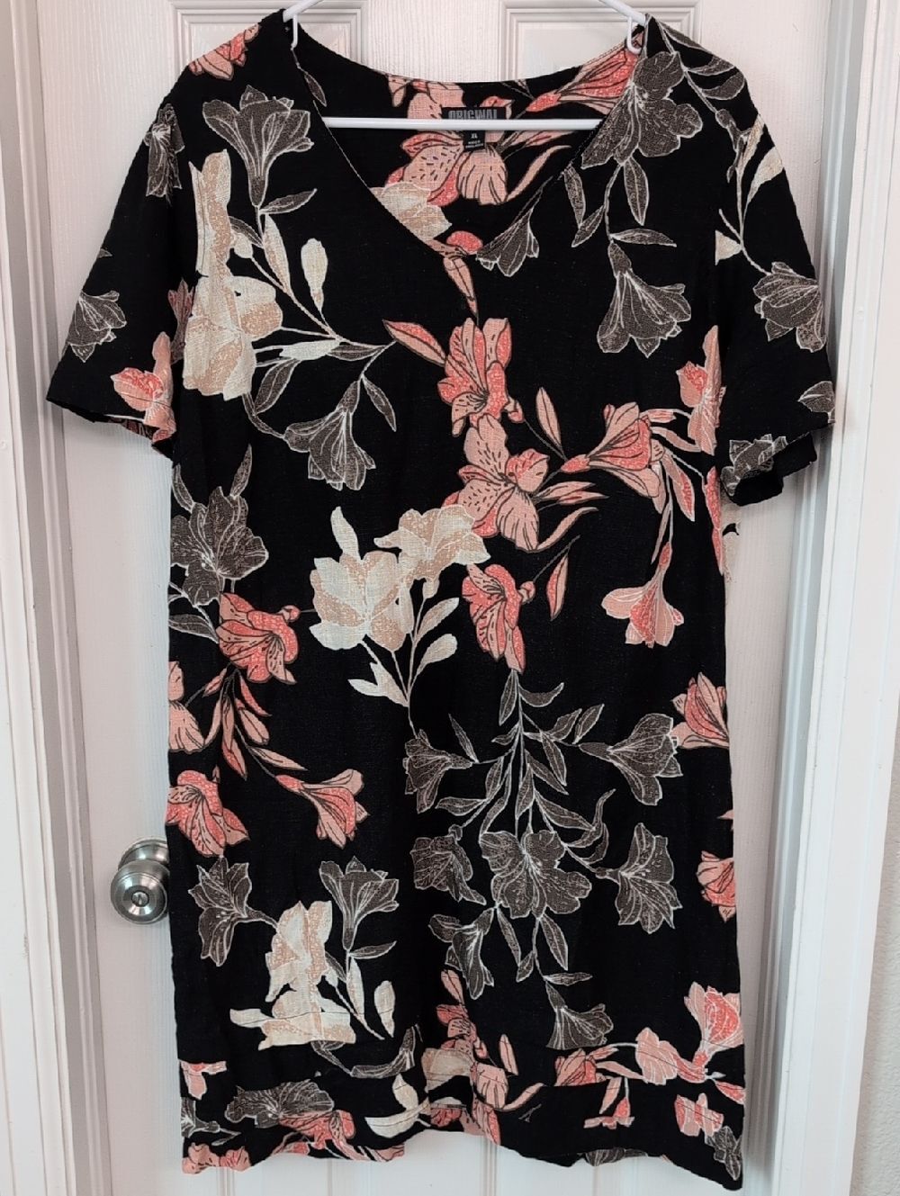 Nicole Miller Linen Blend Black Midi Dress with Pink & Cream Floral